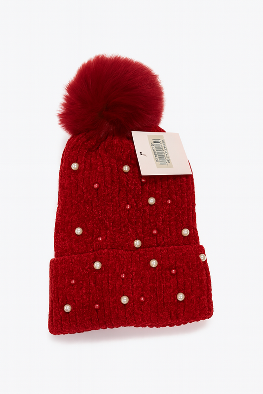 1 Beanie Pearl-Studded Pom Pom Winter Beanie – Soft Knit, Cozy & Stylish Cold-Weather Hat (Multiple Colors)