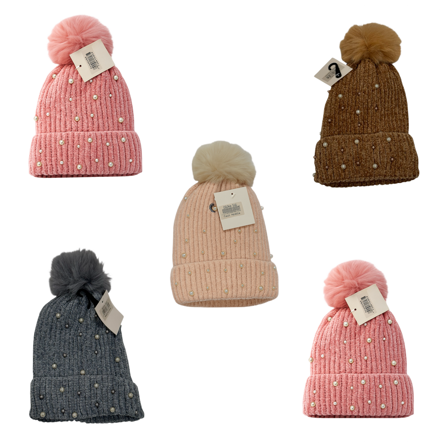 Luxury Pearl Pom-Pom Beanie Bundle (Set of 5) – Ultra Soft Winter Knit