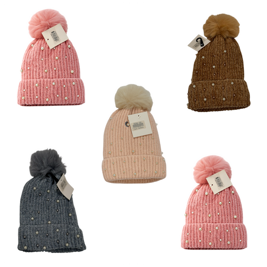 Luxury Pearl Pom-Pom Beanie Bundle (Set of 5) – Ultra Soft Winter Knit