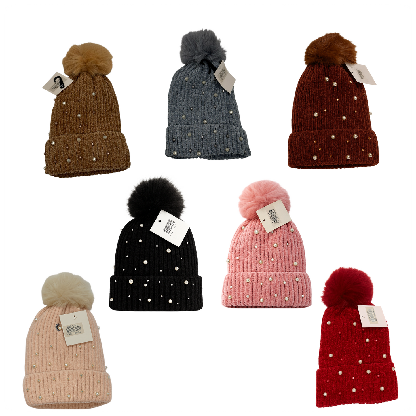 1 Beanie Pearl-Studded Pom Pom Winter Beanie – Soft Knit, Cozy & Stylish Cold-Weather Hat (Multiple Colors)