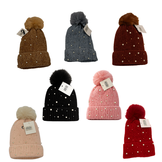 1 Beanie Pearl-Studded Pom Pom Winter Beanie – Soft Knit, Cozy & Stylish Cold-Weather Hat (Multiple Colors)