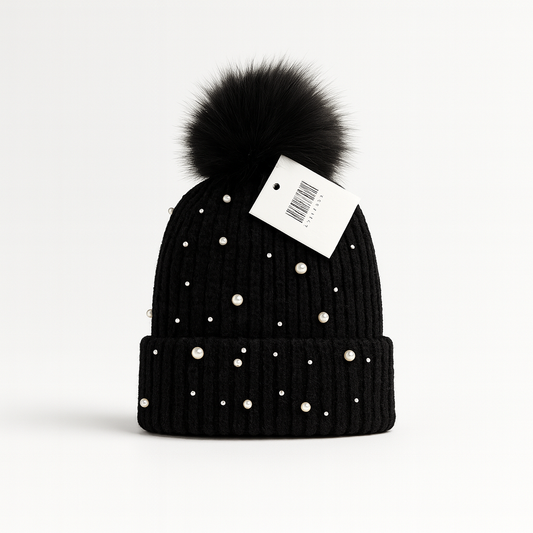 1 Beanie Pearl-Studded Pom Pom Winter Beanie – Soft Knit, Cozy & Stylish Cold-Weather Hat (Multiple Colors)