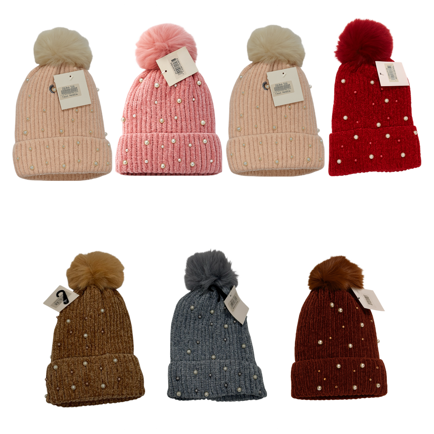 1 Beanie Pearl-Studded Pom Pom Winter Beanie – Soft Knit, Cozy & Stylish Cold-Weather Hat (Multiple Colors)