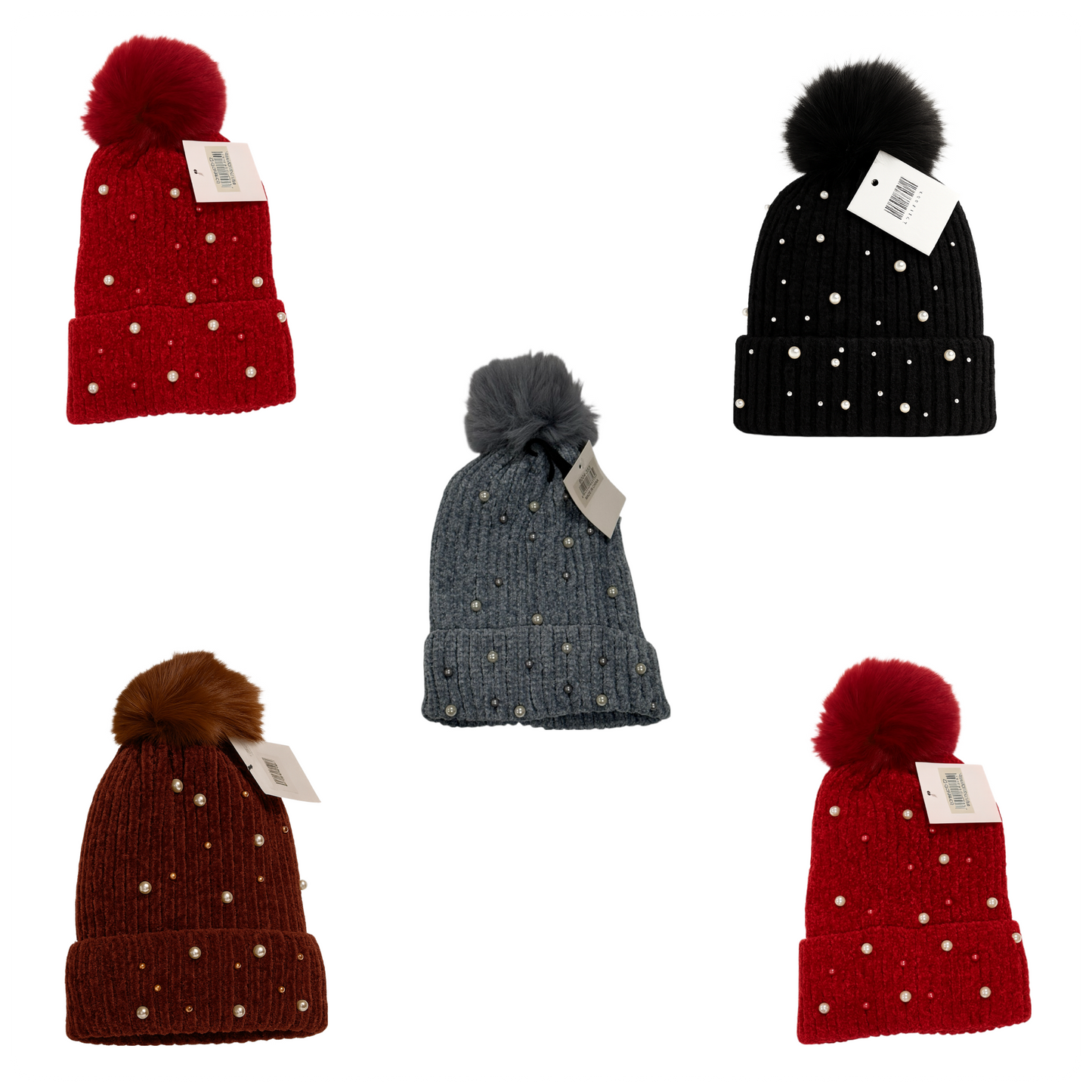 Luxury Pearl Pom-Pom Beanie Bundle (Set of 5) – Ultra Soft Winter Knit