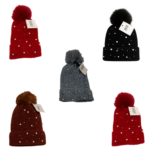Luxury Pearl Pom-Pom Beanie Bundle (Set of 5) – Ultra Soft Winter Knit