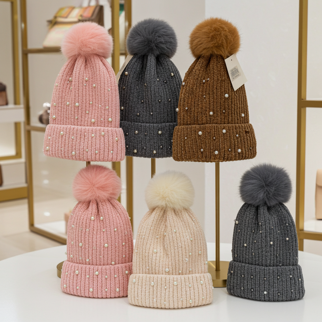 Luxury Pearl Pom-Pom Beanie Bundle (Set of 5) – Ultra Soft Winter Knit